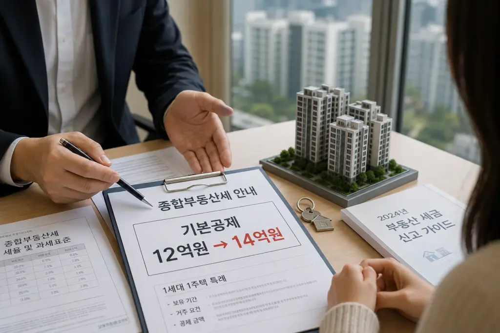 기본공제 12억원에서 14억원으로 확대된 종부세 안내 서류와 아파트 모형이 함께 놓인 장면