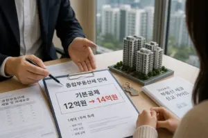 기본공제 12억원에서 14억원으로 확대된 종부세 안내 서류와 아파트 모형이 함께 놓인 장면