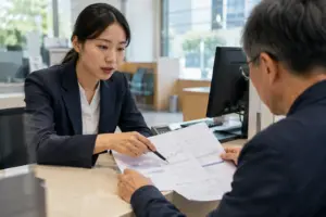 은행 창구에서 금리 관련 서류를 검토하는 장면