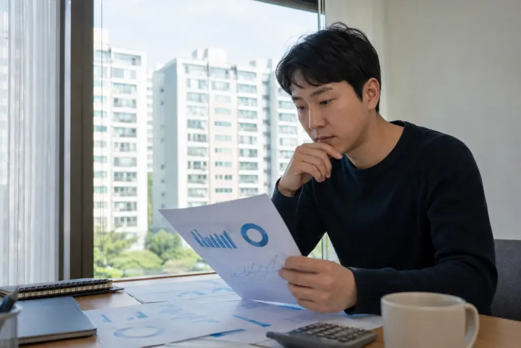 아파트 단지가 보이는 곳에서 부동산 시세 자료를 확인하는 장면