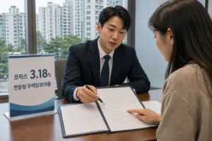 아파트를 바라보며 코픽스 3.18%와 변동형 주택담보대출 금리를 상담하는 은행 창구 장면