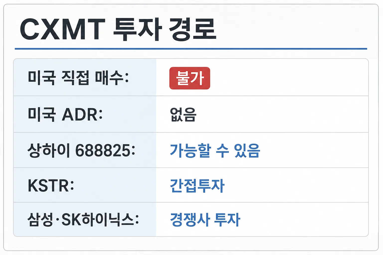 CXMT 투자 방법별 가능 여부를 비교한 정보 카드 이미지