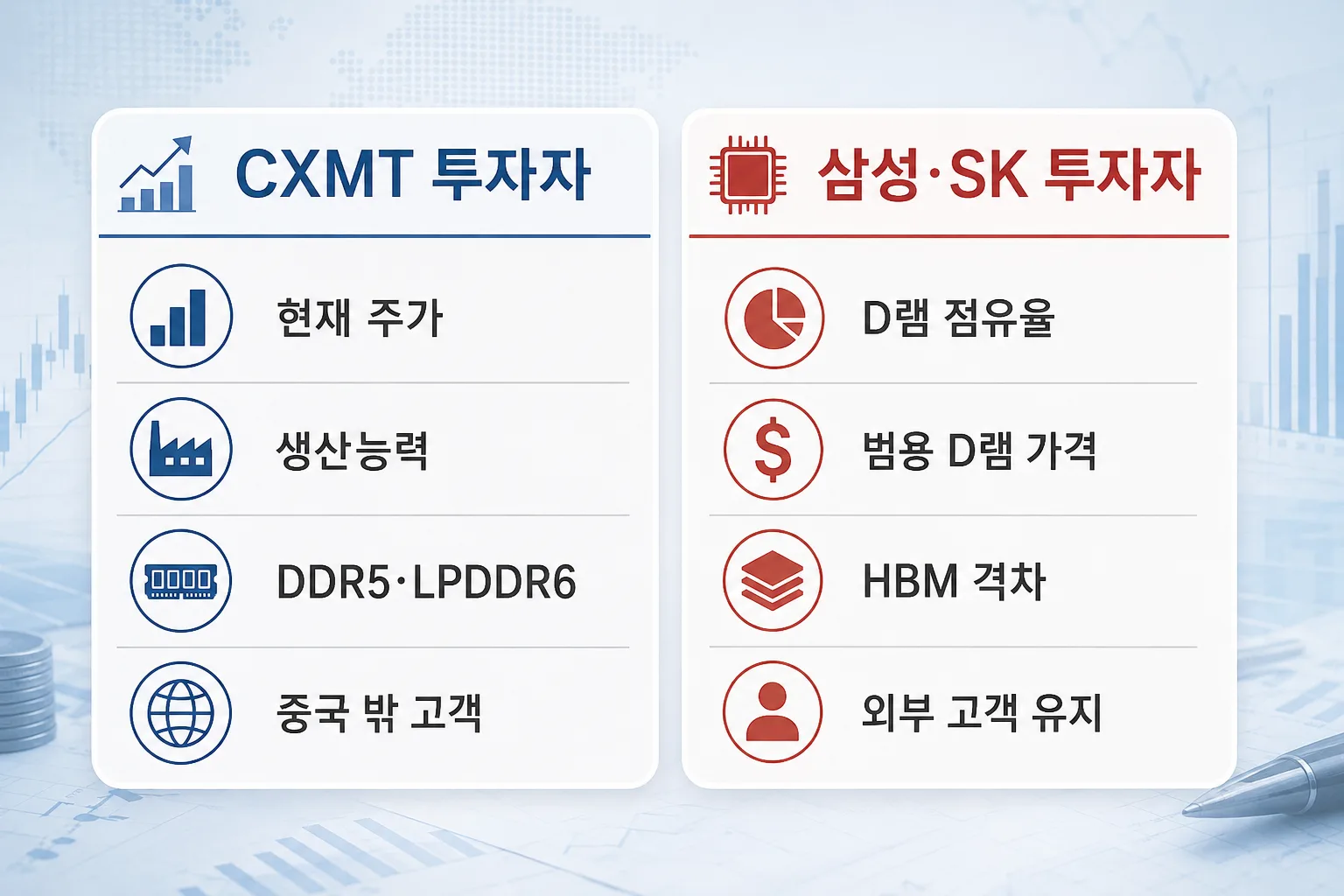 CXMT 투자자와 삼성전자 SK하이닉스 투자자가 봐야 할 지표를 나눈 이미지