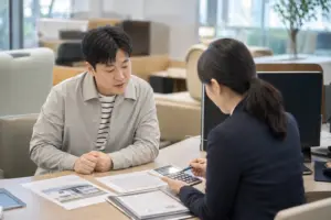 은행에서 DSR 기준 주택담보대출 한도를 상담받는 장면