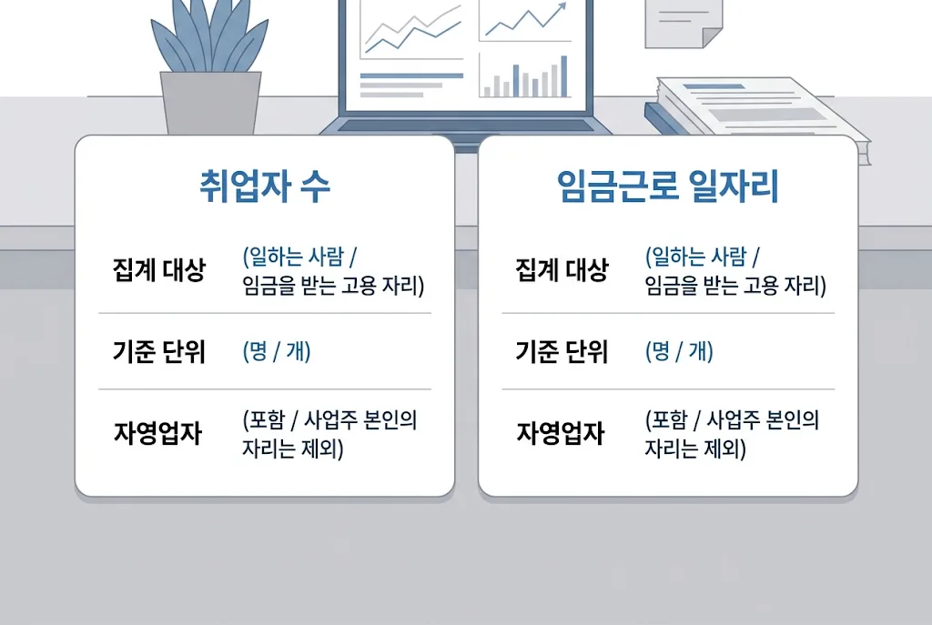 취업자 수와 임금근로 일자리의 집계 대상·기준 단위·자영업자 포함 여부를 비교한 카드형 인포그래픽