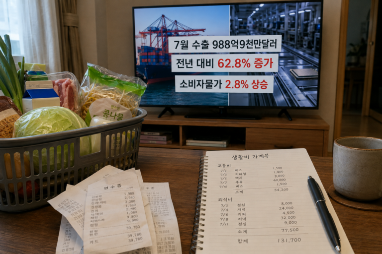 식료품 영수증 앞에서 수출 호황과 소비자물가 상승을 함께 보여주는 경제 뉴스 화면을 바라보는 장면