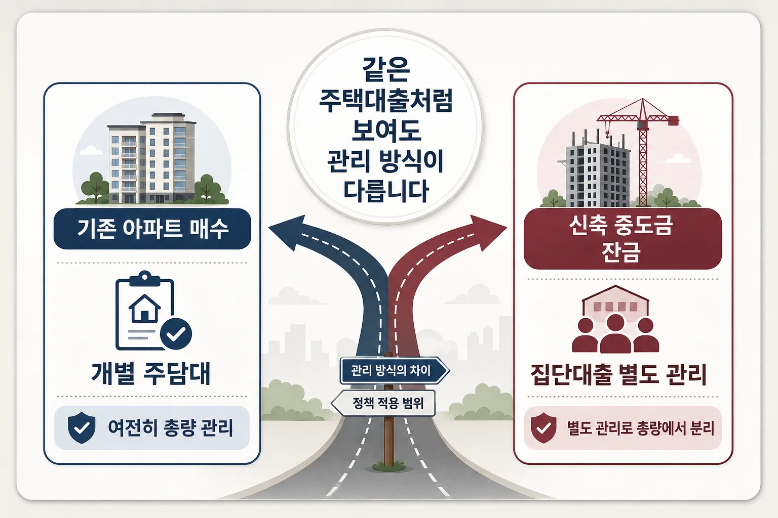 기존 아파트 개별 주담대와 신축 아파트 집단대출의 관리 방식 차이 이미지