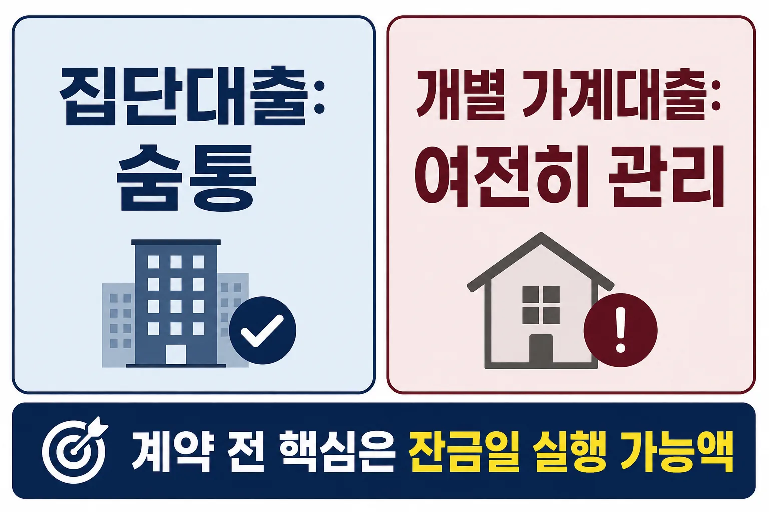 집단대출과 개별 가계대출 차이를 정리하고 잔금일 실행 가능액을 강조한 이미지