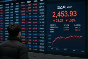 증권거래소 전광판에 표시된 지수 화면