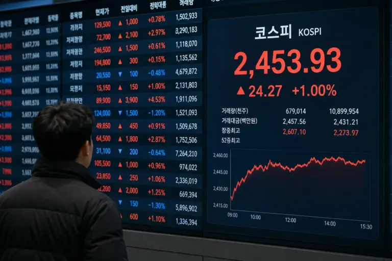 증권거래소 전광판에 표시된 지수 화면