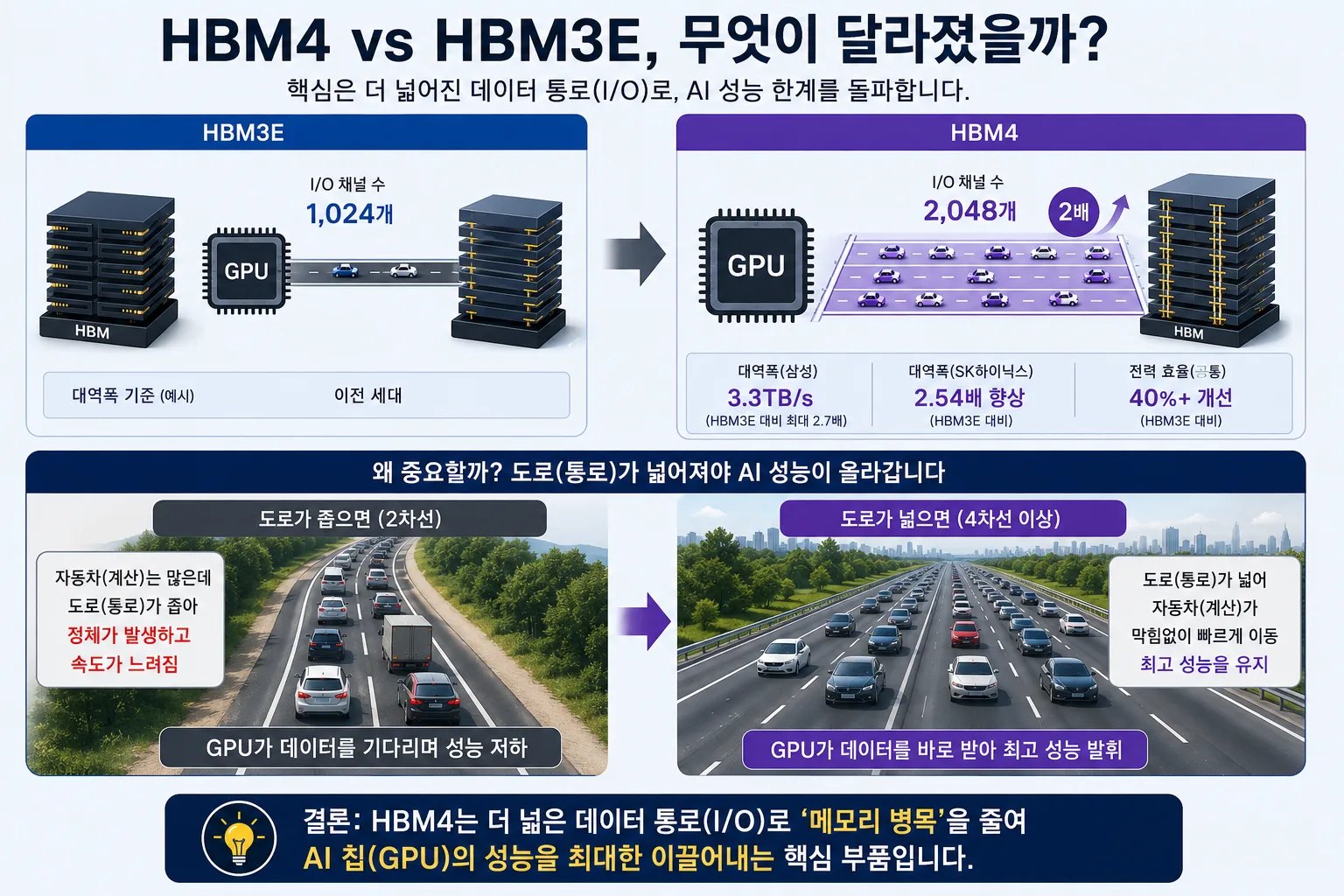 HBM4가 HBM3E보다 데이터 통로와 대역폭을 크게 넓힌 구조를 보여주는 이미지