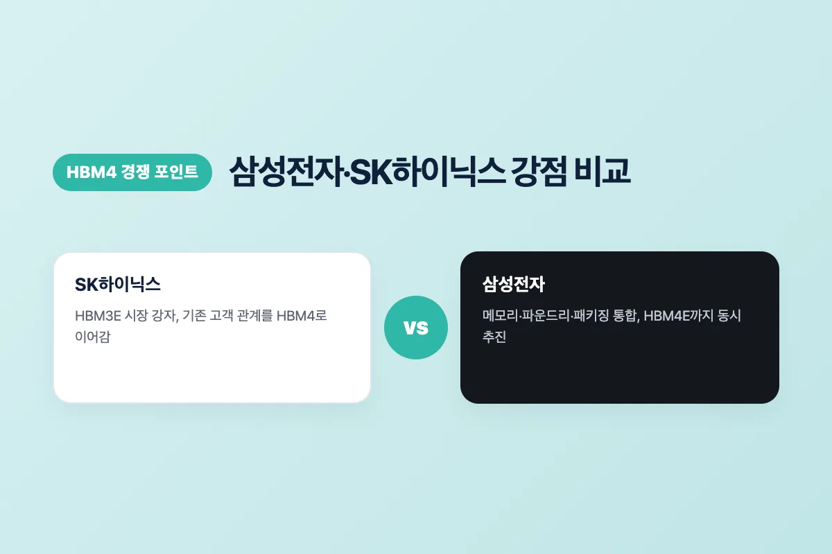 삼성전자와 SK하이닉스의 HBM4 강점을 비교하는 이미지