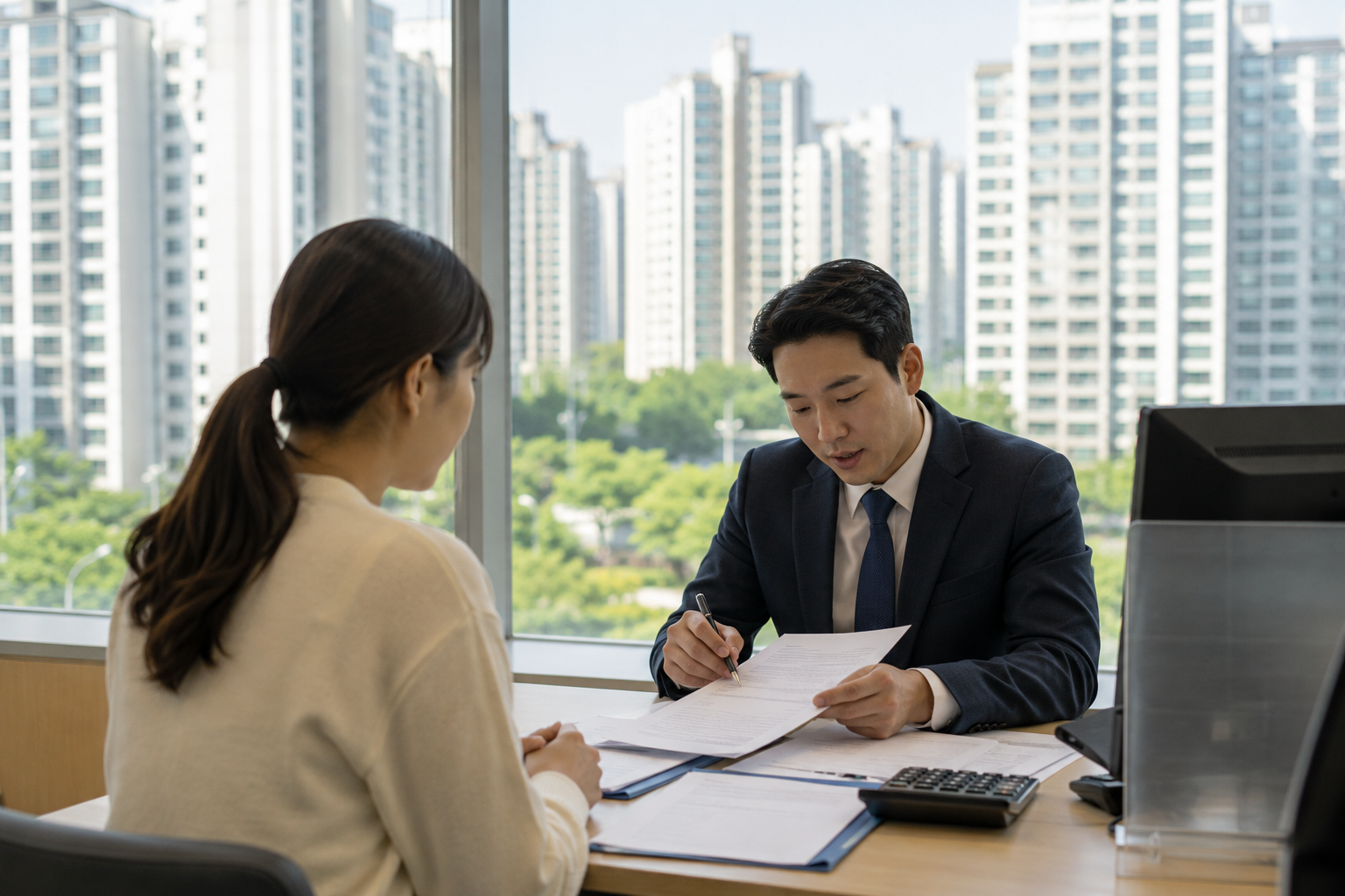아파트 단지와 주택대출 상담 창구를 함께 담은 장면