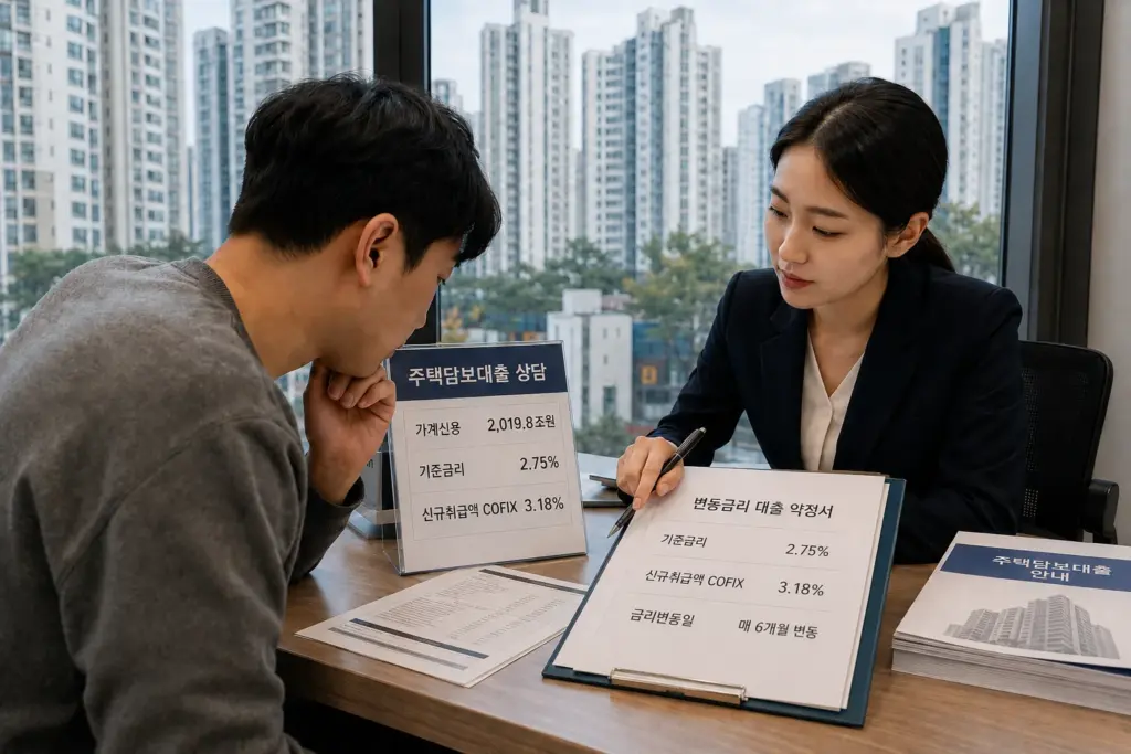 아파트가 보이는 은행 창구에서 주담대 기준금리와 가계신용 수치를 확인하는 장면