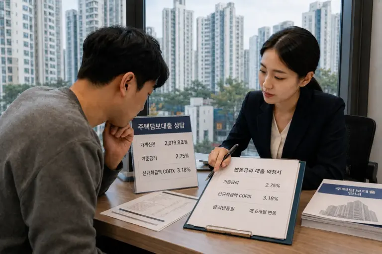 아파트가 보이는 은행 창구에서 주담대 기준금리와 가계신용 수치를 확인하는 장면
