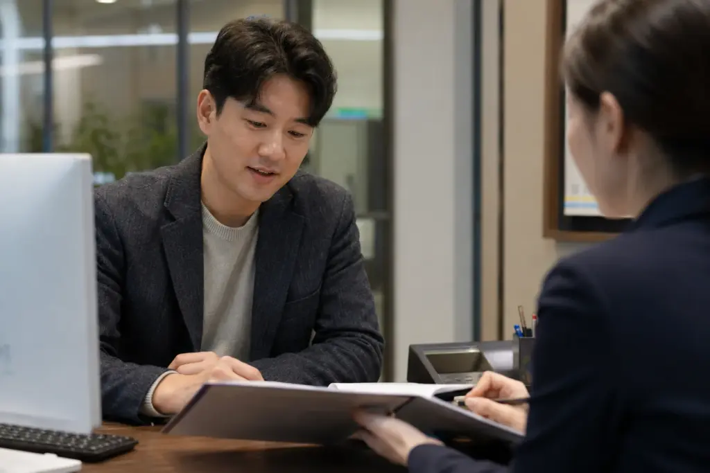 은행에서 주택담보대출을 상담받는 장면