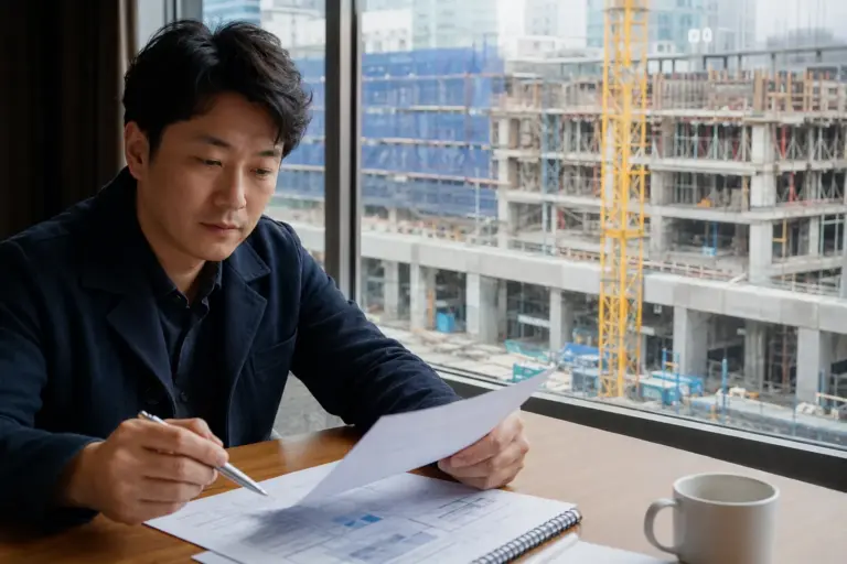 공사현장이 보이는 곳에서 주택사업 서류를 검토하는 장면