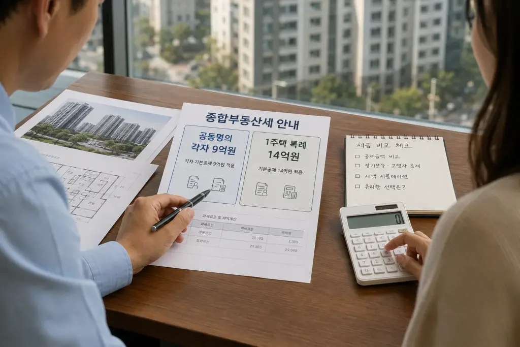 부부가 상담 테이블에서 종부세 공동명의와 1주택 특례를 비교하는 서류를 함께 보는 장면