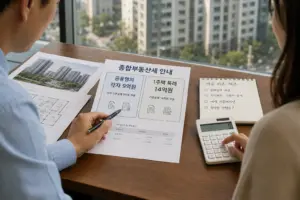 부부가 상담 테이블에서 종부세 공동명의와 1주택 특례를 비교하는 서류를 함께 보는 장면