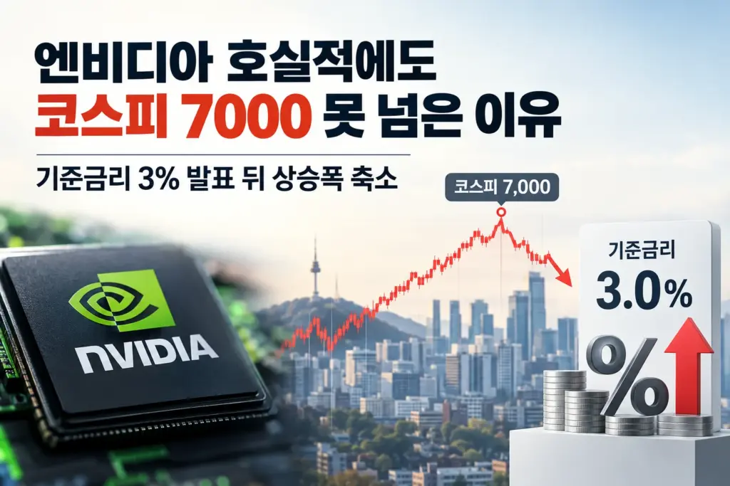 엔비디아 실적과 기준금리 3% 발표 뒤 코스피 7000 돌파 실패를 보여주는 대표 이미지