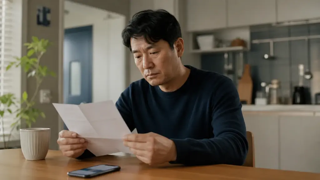 집에서 은행 대출 만기연장 통보 서류를 심각한 표정으로 읽고 있는 사람
