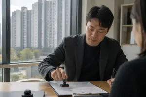주택 매매계약서에 도장을 찍는 장면