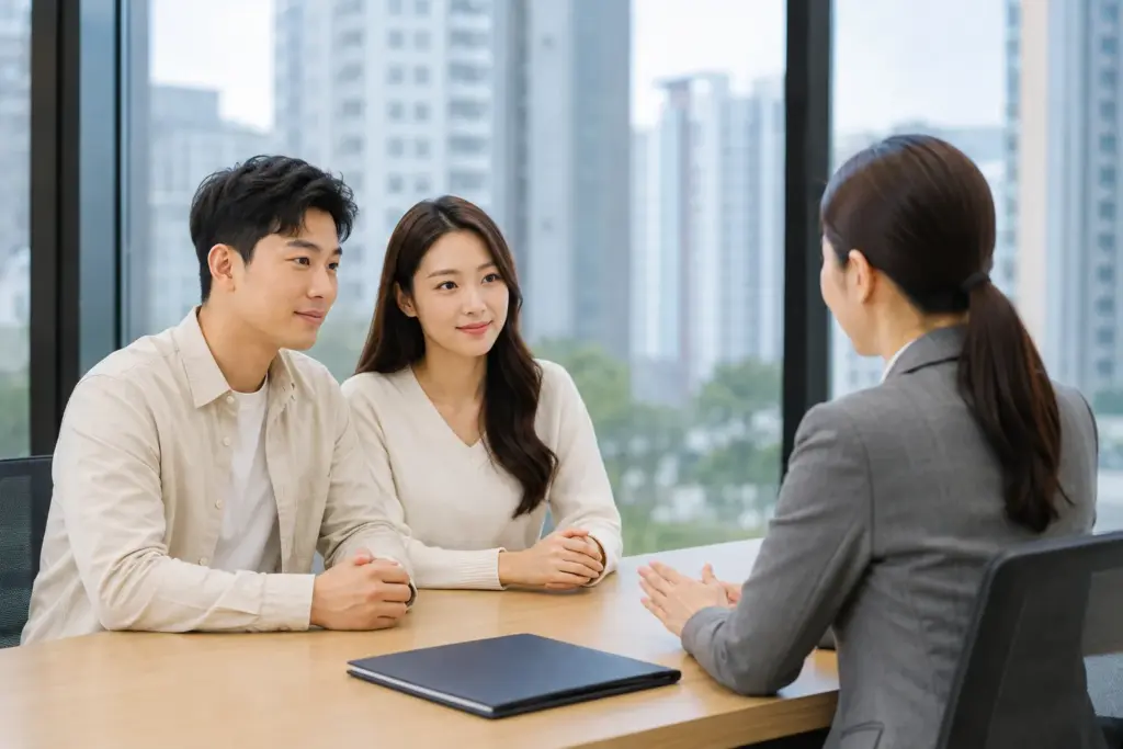 은행 상담 창구에서 신혼부부가 대출 상담을 받는 장면