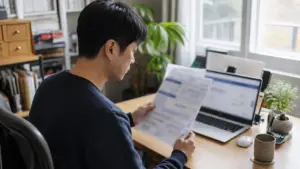 집에서 재산세·종합부동산세 관련 서류를 검토하며 노트북으로 국세청 홈페이지를 확인하는 사람