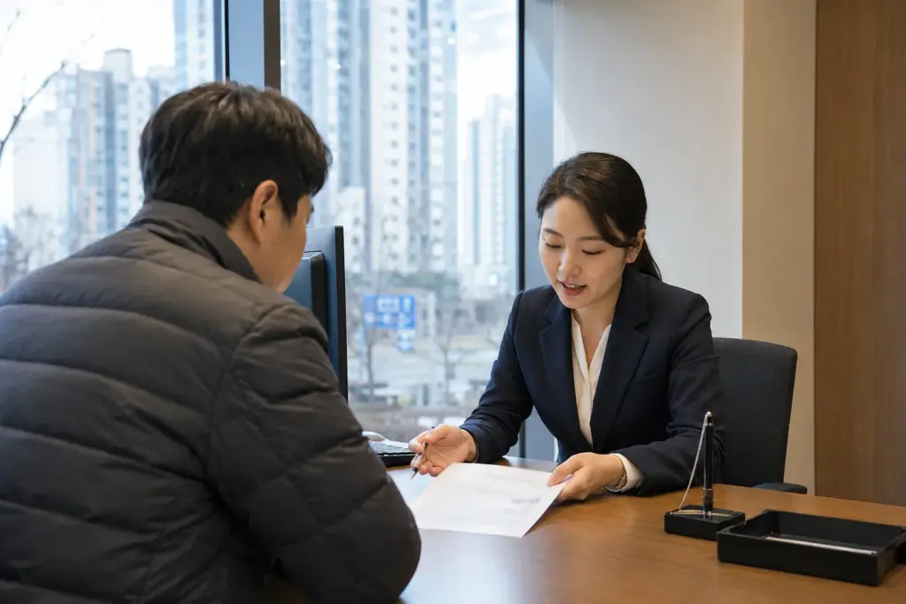 수도권 아파트 단지가 보이는 은행 주택금융 상담 창구