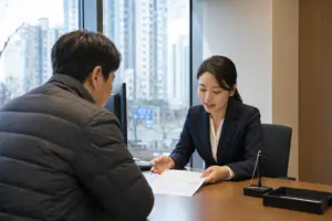 수도권 아파트 단지가 보이는 은행 주택금융 상담 창구