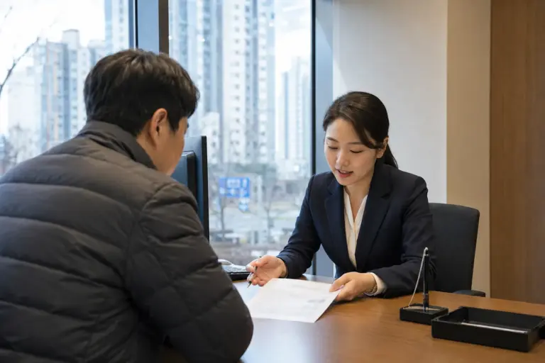 수도권 아파트 단지가 보이는 은행 주택금융 상담 창구