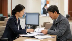 은행 상담 창구에서 재건축 이주비 대출 서류를 검토하는 대출 상담원과 조합원