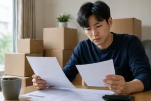 이사 준비 중 이주비 대출 서류를 검토하는 장면