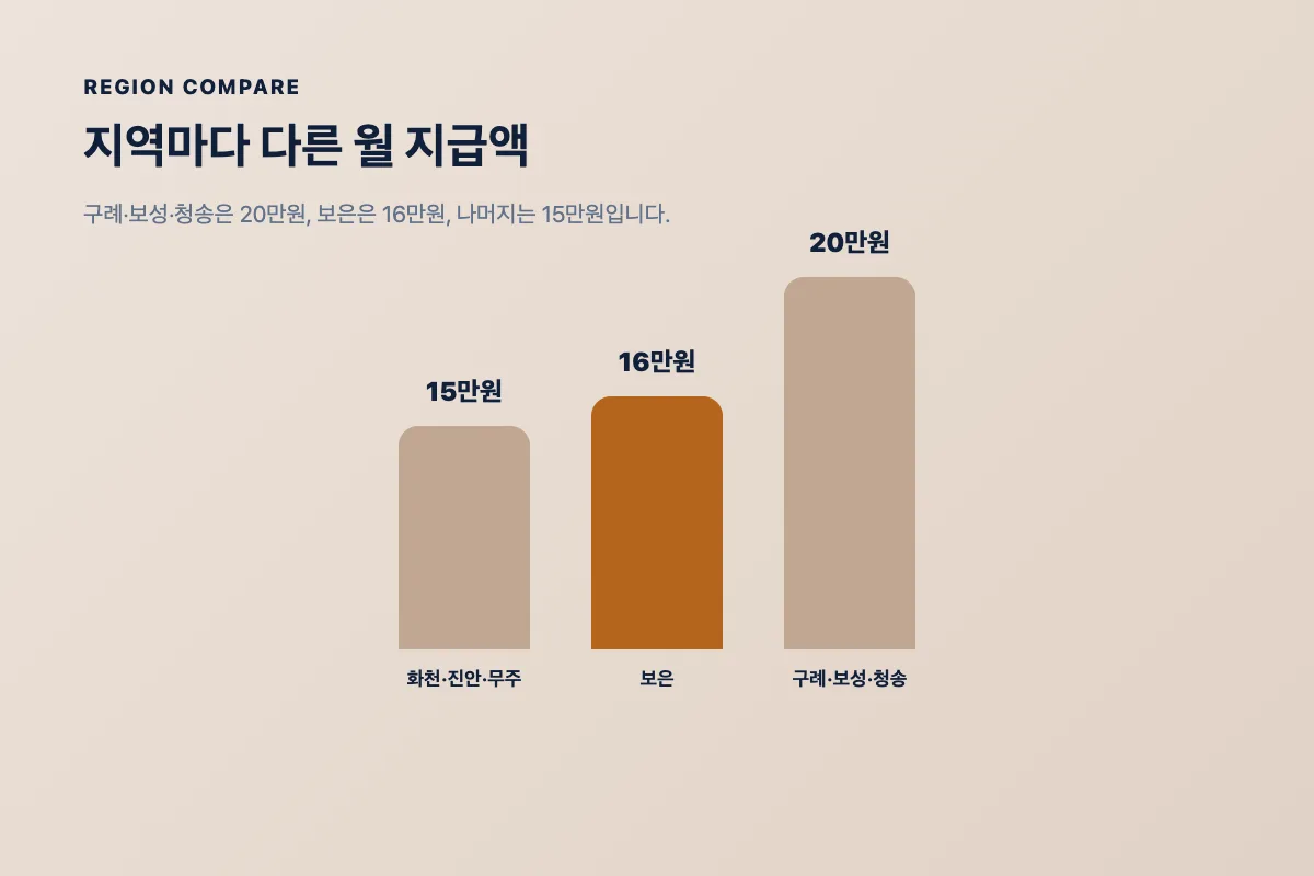 구례 보성 청송 20만원, 보은 16만원, 화천 진안 무주 15만원 지급액을 비교하는 이미지