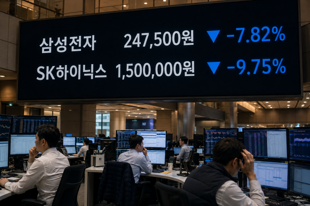 거래소 전광판에 삼성전자와 SK하이닉스의 동반 하락 수치가 표시된 장면