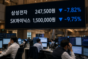 거래소 전광판에 삼성전자와 SK하이닉스의 동반 하락 수치가 표시된 장면