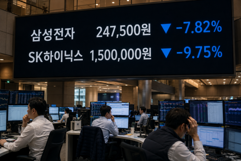 거래소 전광판에 삼성전자와 SK하이닉스의 동반 하락 수치가 표시된 장면