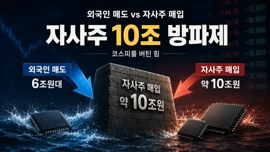 외국인 매도와 삼성전자 SK하이닉스 자사주 매입이 맞서는 코스피 수급 이미지
