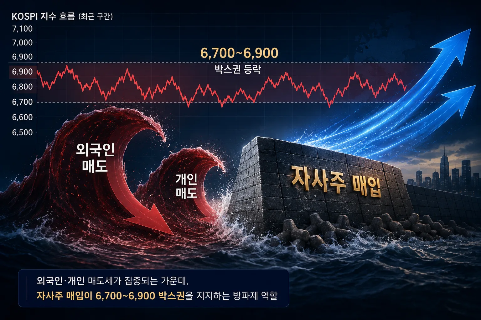 외국인 매도 물량을 자사주 매입이 방파제처럼 받아내는 코스피 이미지