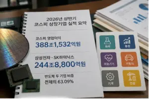 반도체 칩과 여러 업종 실적 자료가 함께 놓인 기업 실적 보고서 장면