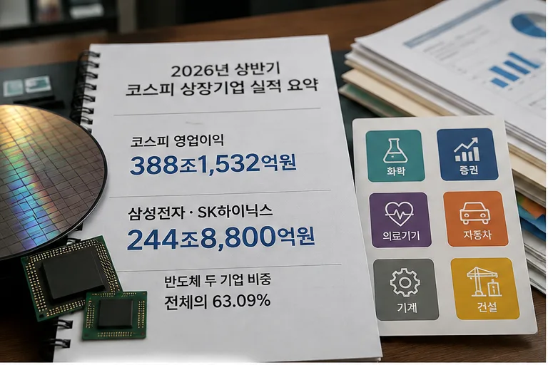 반도체 칩과 여러 업종 실적 자료가 함께 놓인 기업 실적 보고서 장면