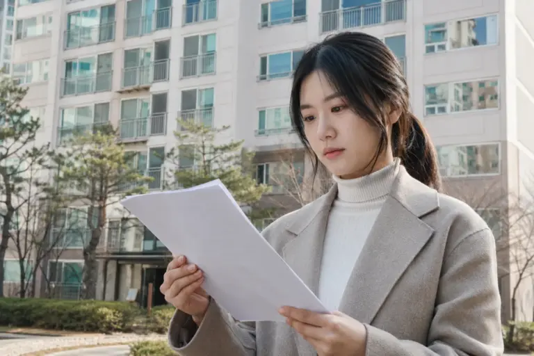 임대주택 단지 앞에서 계약서를 확인하는 장면