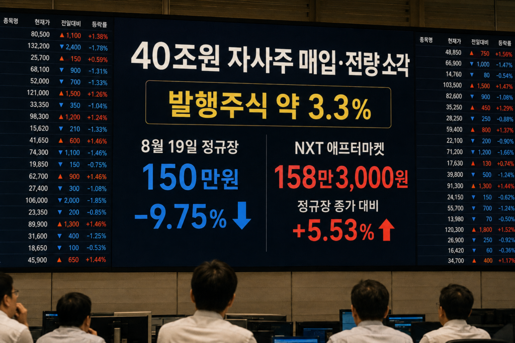 증권시장 전광판에 40조원 자사주 소각과 주가 변동 수치가 표시된 장면