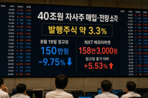 증권시장 전광판에 40조원 자사주 소각과 주가 변동 수치가 표시된 장면