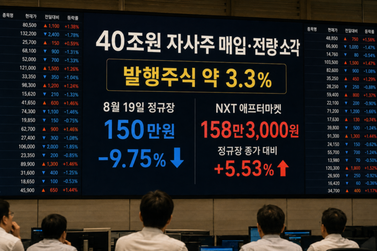 증권시장 전광판에 40조원 자사주 소각과 주가 변동 수치가 표시된 장면