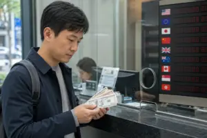환전소에서 환율 전광판과 외화를 확인하는 장면