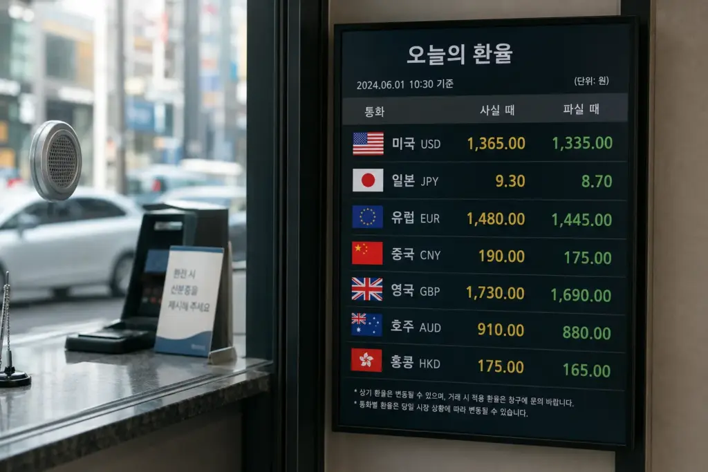 환전소 전광판에 표시된 환율 게시판
