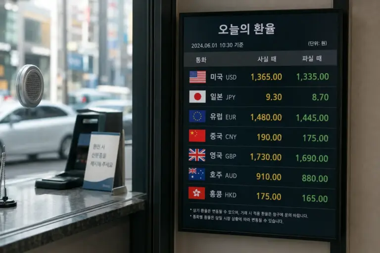 환전소 전광판에 표시된 환율 게시판