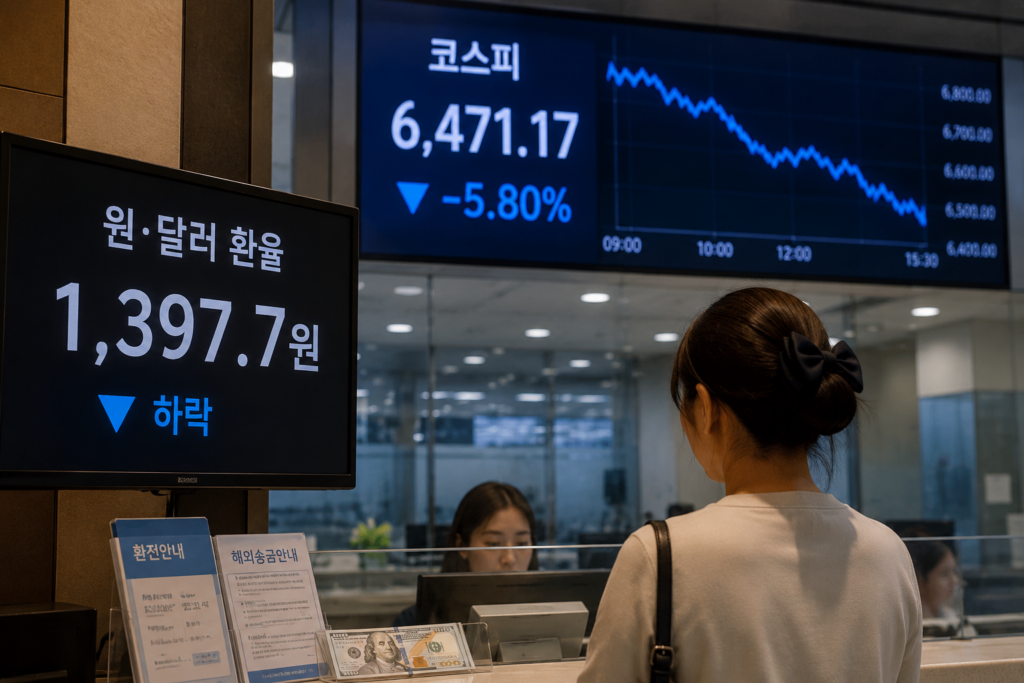 환율 1,397.7원과 코스피 6,471.17이 함께 표시된 금융시장 장면