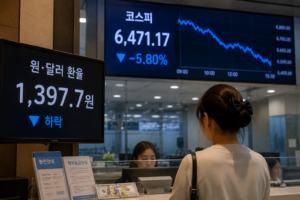 환율 1,397.7원과 코스피 6,471.17이 함께 표시된 금융시장 장면